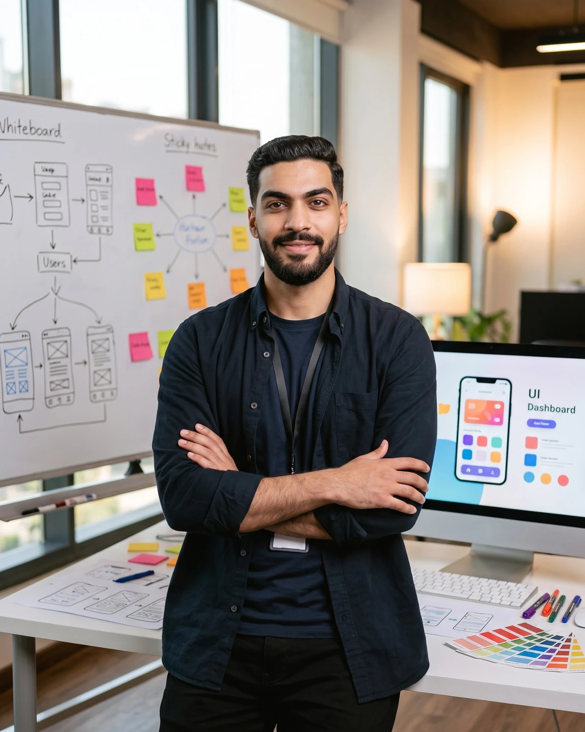 Ahmed Khaled Bakeir in a design studio, arms crossed, in front of a whiteboard with wireframes and sticky notes