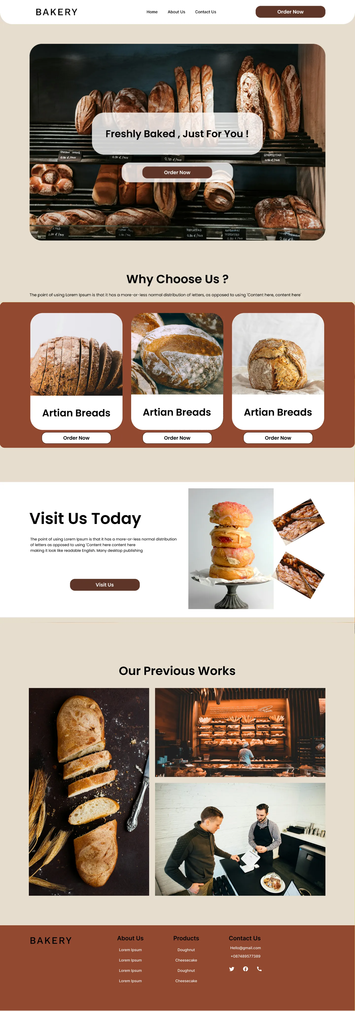 Full Bakery landing page: navigation, hero, product cards, visit us section, previous works gallery and footer