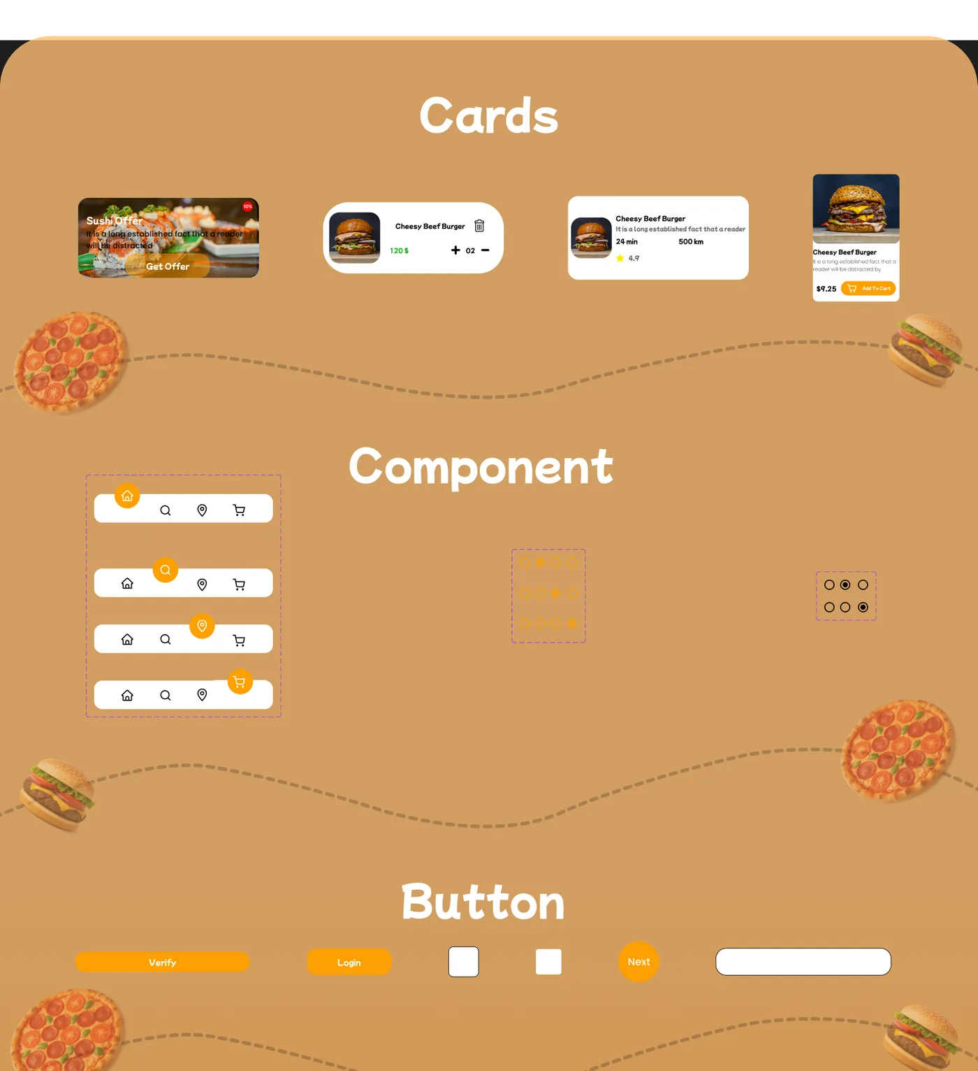 Component library: food cards, bottom navigation states and buttons